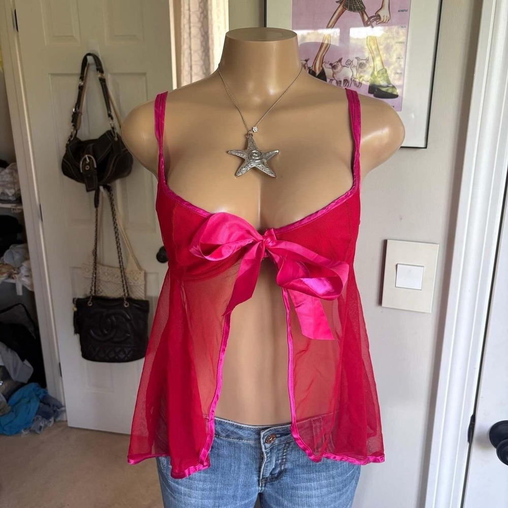 Y2K 2000s Victoria's Secret Hot Pink Sheer Mesh Bow Babydoll Top